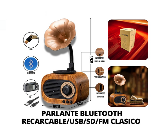 Parlante Vintage Bluetooth Recargable con Puerto USB