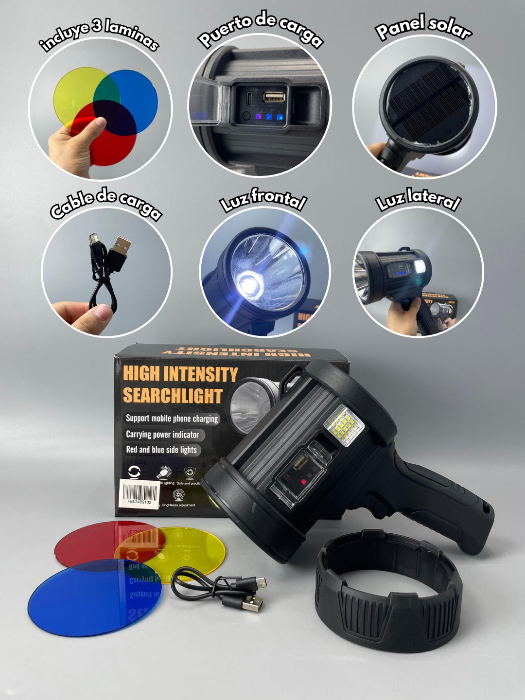 LINTERNA HIGH INTENSITY W 5113 C/PANEL SOLAR Y LENTES 4 EN 1
