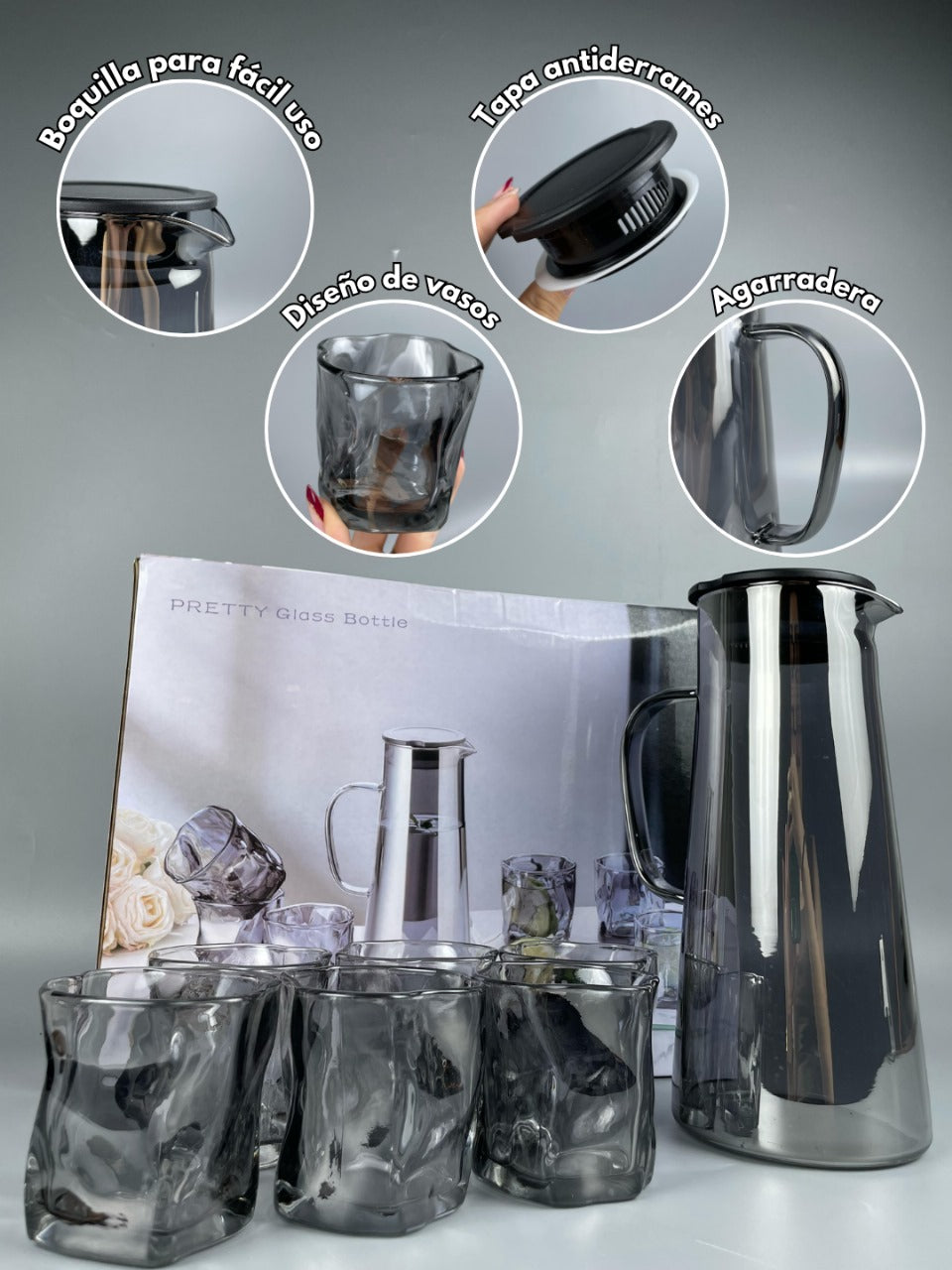 SET DE 6 VASOS Y JARRA DE VIDRIO GRIS PRETTY HOLYWOO