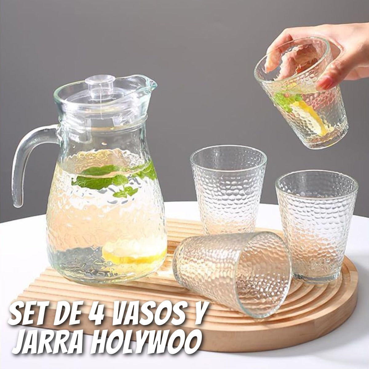 Set 4 vasos y jarra de vidrio