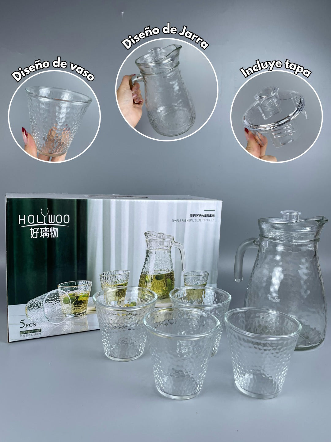 Set 4 vasos y jarra de vidrio