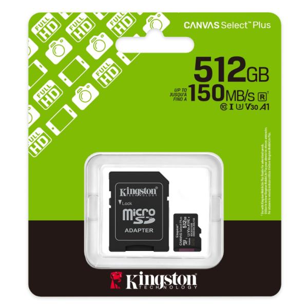 Memoria Micro SD 512GB: Kingston Canvas Select Plus, Clase 10 UHS-I V30 A1, 150 MB/s