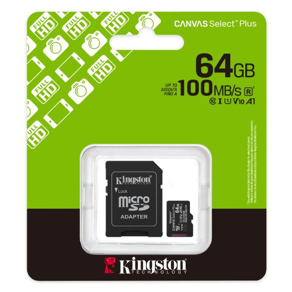Memoria Micro SD 64GB: Kingston Canvas Select Plus, Clase 10 A1, 100 MB/s
