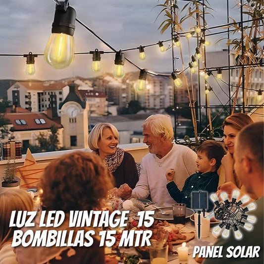 Luz Led Vintage con Panel Solar: 15 Bombillos, 15 Metros, Recargable