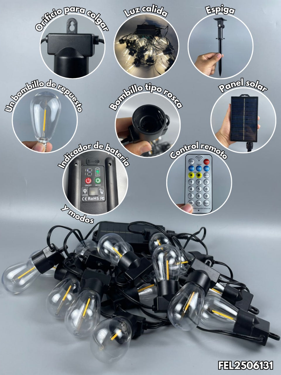 Luz Led Vintage con Panel Solar: 15 Bombillos, 15 Metros, Recargable