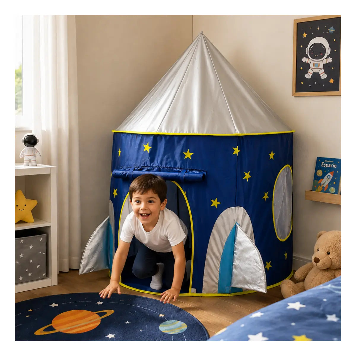 Carpa de Juegos Infantil Cohete Espacial (Azul/Plateado)