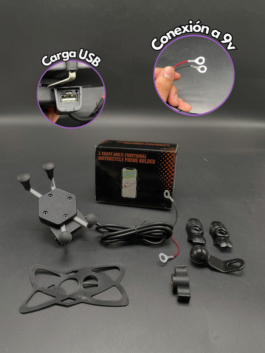 HOLDER ARAÑA CON CARGADOR DE CELULAR PARA MOTO