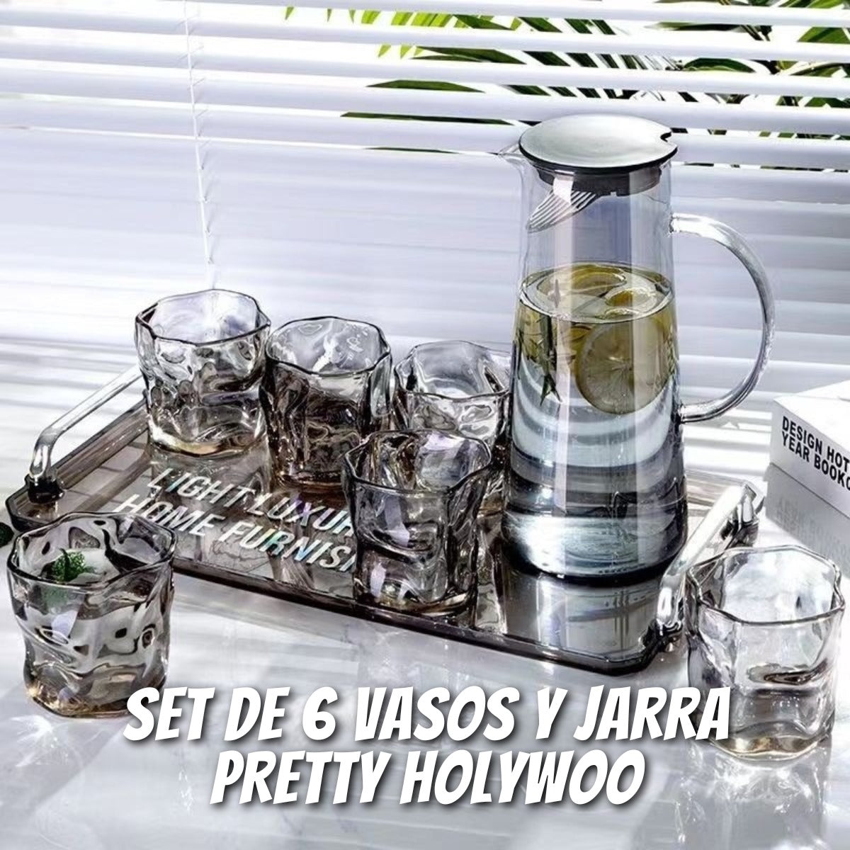 SET DE 6 VASOS Y JARRA DE VIDRIO GRIS PRETTY HOLYWOO