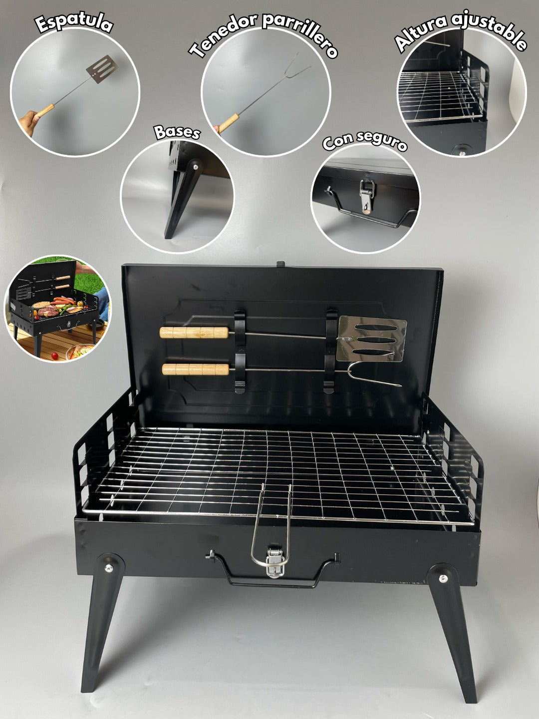 Parilla plegable con accesorios