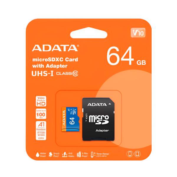 Memoria Micro SD 64GB: ADATA Premier, Clase 10 UHS-I A1, 100 MB/s